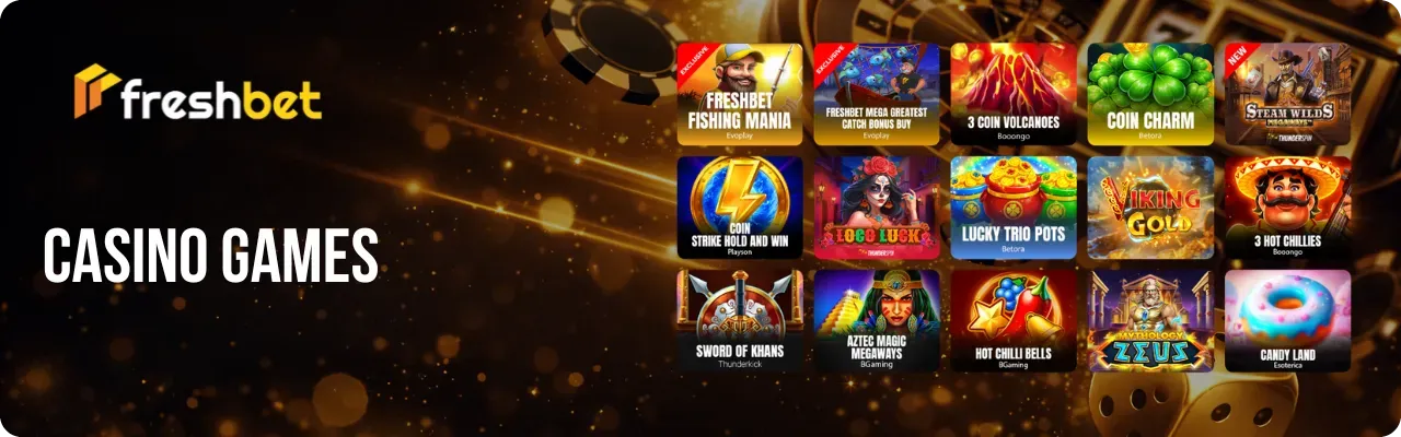 Freshbet Casino games lobby with slots and live tables