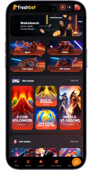 Freshbet mobile casino interface on iOS and Android devices with full game access